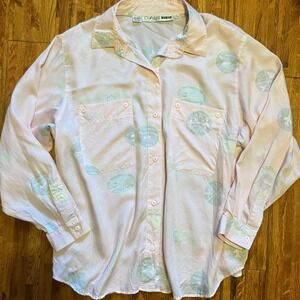 Vintage‎ Claus Woman Button Down Shirt Airplane Print Long Sleeve Pink 24W